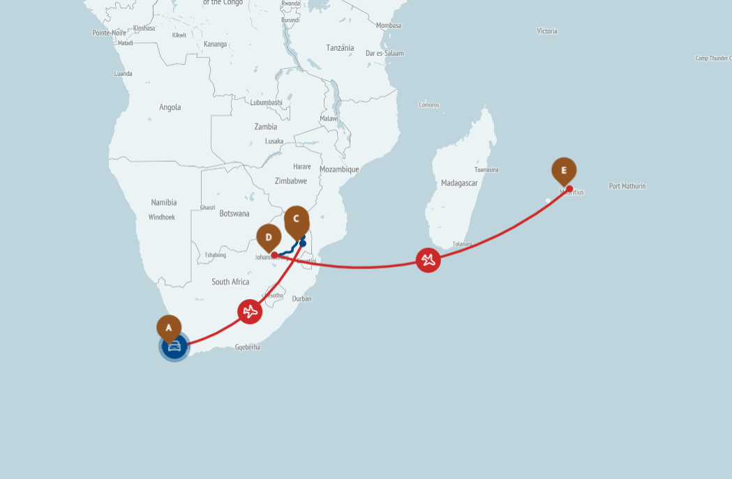 Immagine che rappresenta un itinerario combinato Sudafrica e Mauritius, un viaggio completo che unisce safari, natura, oceano e relax. Il tour include Johannesburg, la Panorama Route e il Parco Kruger con avvistamenti di Big Five, seguito da un soggiorno mare a Mauritius con acque cristalline e spiagge bianche. Un contenuto pensato per chi cerca esperienze autentiche, paesaggi africani e una vacanza tropicale di alto livello.