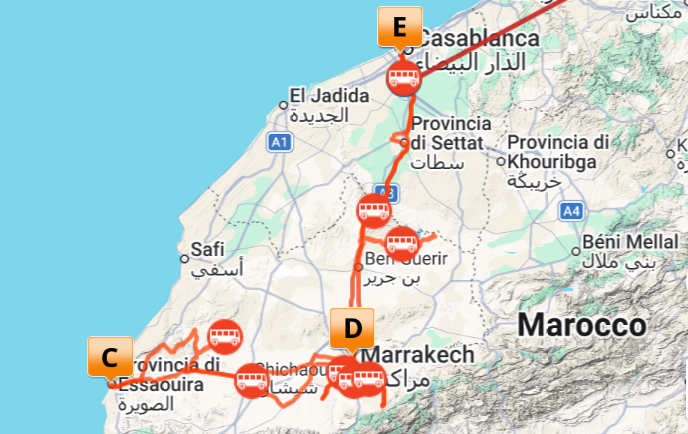 Casablanca – la porta atlantica moderna, Marrakech – il cuore rosso pulsante, Essaouira – brezza e mura bianche sull'oceano,Valli Ourika, Asni, Ouirgane – Atlante berbero,Deserto di Agafay – silenzio lunare vicino alla città