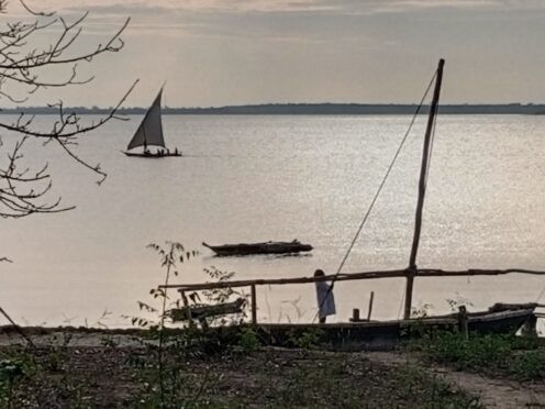 Un dhow a vela naviga sul mare calmo al tramonto di fronte all'isola di Daloni a Zanzibar, con altre imbarcazioni in sosta lungo la riva.