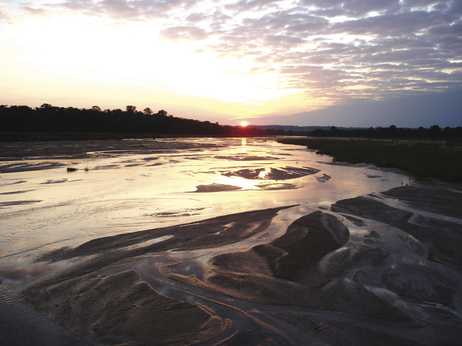 I banchi di sabbia e i rami d acqua del fiume Okavango riflettono le sfumature rosate del tramonto sotto un cielo nuvoloso.