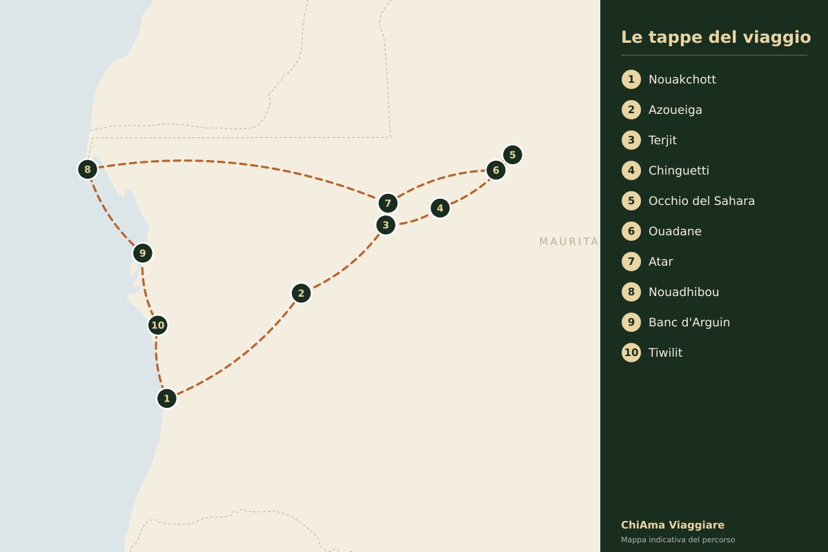 Mappa dell'itinerario Adrar, Nouadhibou e Banc d'Arguin