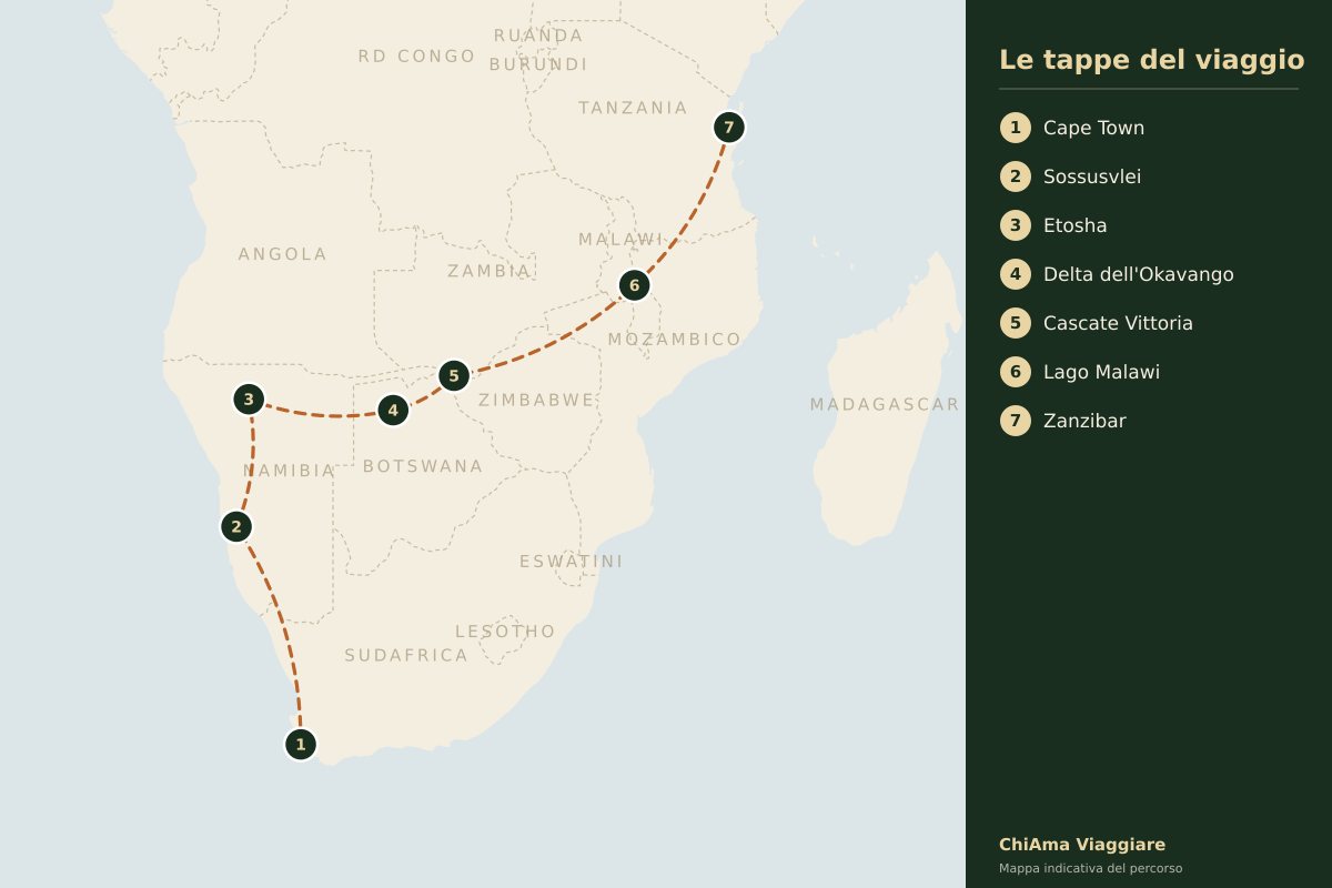 Mappa dell'itinerario Africa da Cape Town a Nairobi passando per i gorilla in lodge