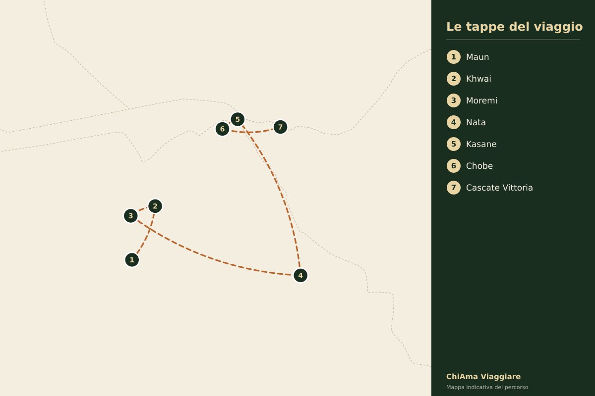 Mappa dell'itinerario Botswana dal Delta dell'Okavango alle Cascate Vittoria in piccolo gruppo