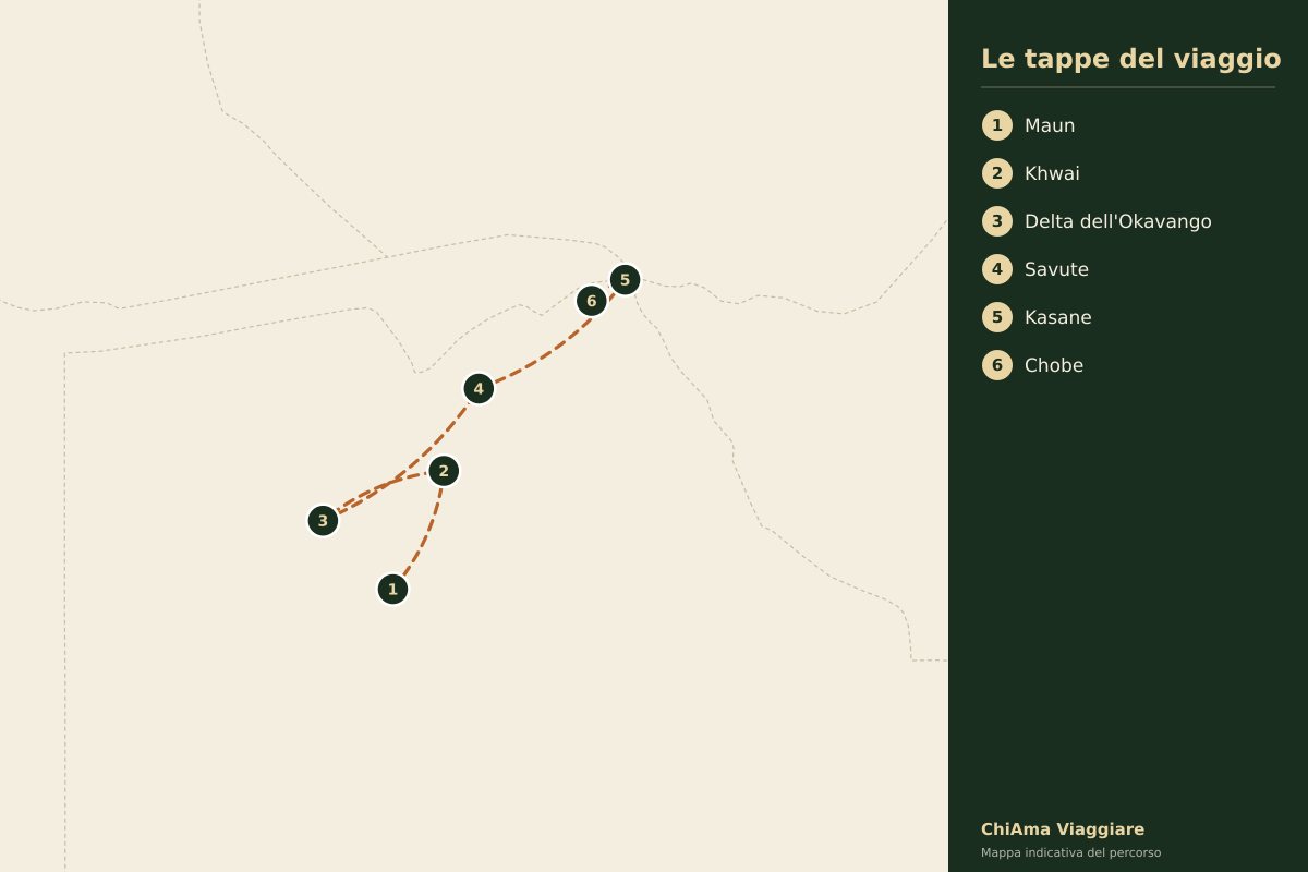 Mappa dell'itinerario Botswana tra Khwai e Savute privato