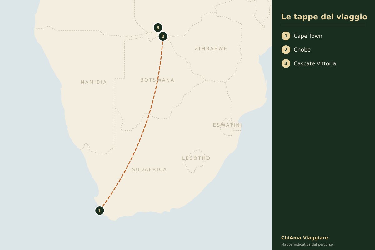 Mappa dell'itinerario Cape Town, Chobe e Cascate Vittoria privato