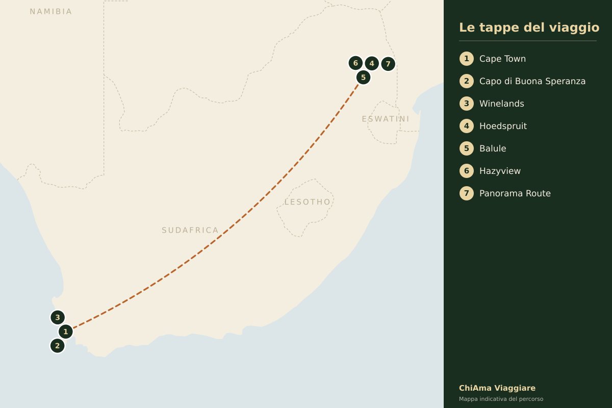 Mappa dell'itinerario Cape Town con guida italiana e safari a Balule