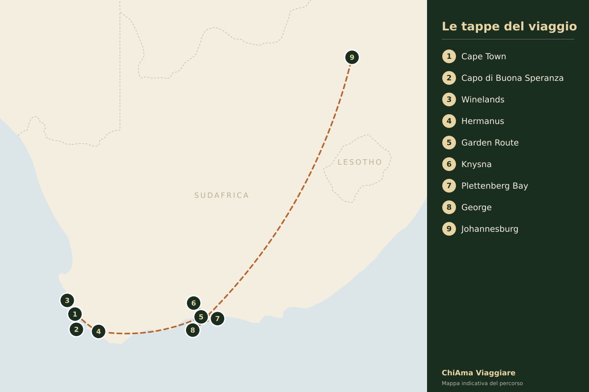 Mappa dell'itinerario Cape Town, Hermanus e Garden Route con safari sulla costa