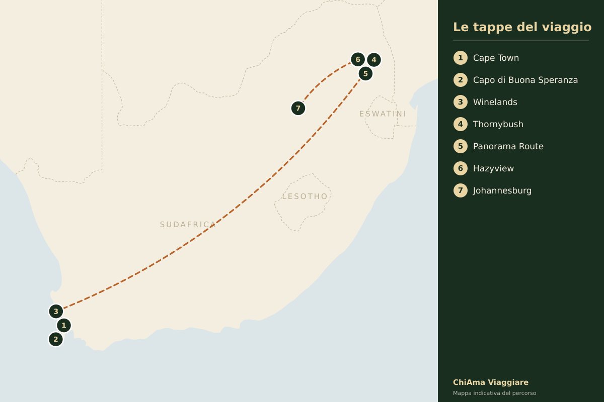 Mappa dell'itinerario Cape Town, Thornybush e Soweto con guida italiana