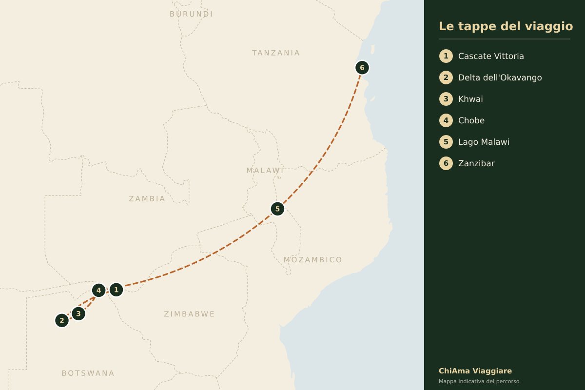 Mappa dell'itinerario Caprivi, Delta e Zanzibar in lodge
