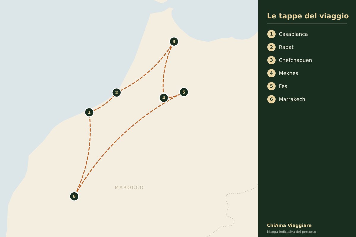 Mappa dell'itinerario Città imperiali e Chefchaouen con hotel 5 stelle