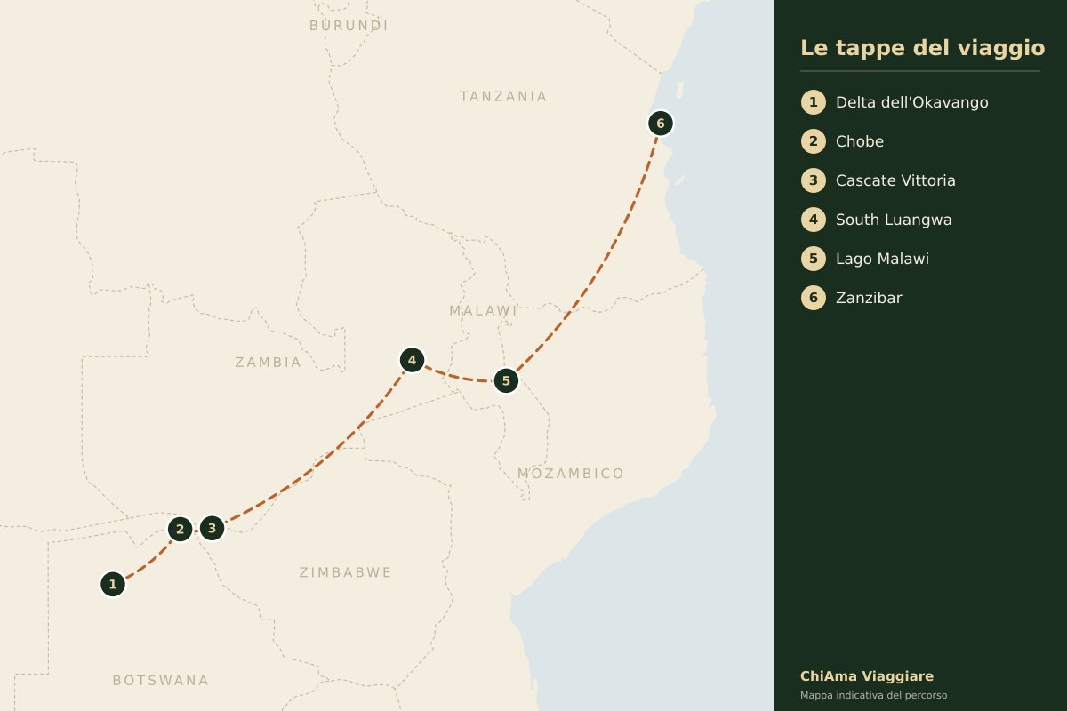 Mappa dell'itinerario Dal Delta dell'Okavango a Nairobi in lodge