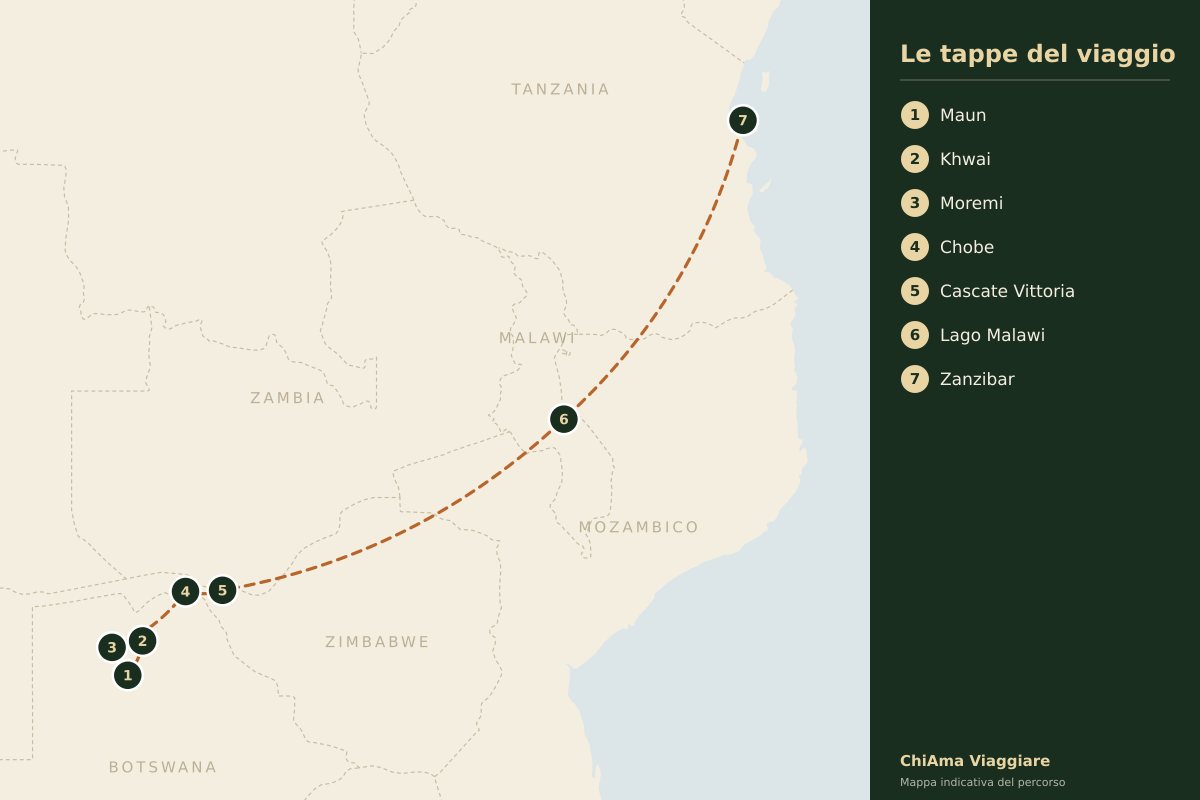Mappa dell'itinerario Dal Delta dell'Okavango a Zanzibar in lodge