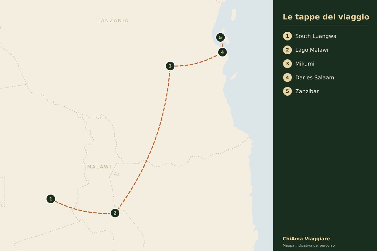 Mappa dell'itinerario Dalle Cascate Vittoria a Zanzibar in lodge
