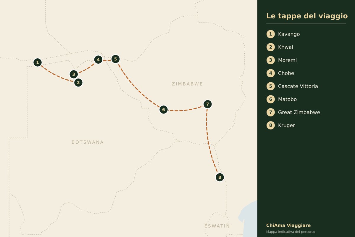 Mappa dell'itinerario Dalle Cascate Vittoria al Kruger in ventiquattro giorni in piccolo gruppo