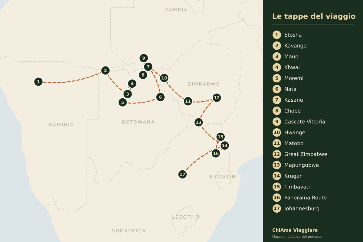 Mappa dell'itinerario Delta, Zimbabwe e Kruger in lodge
