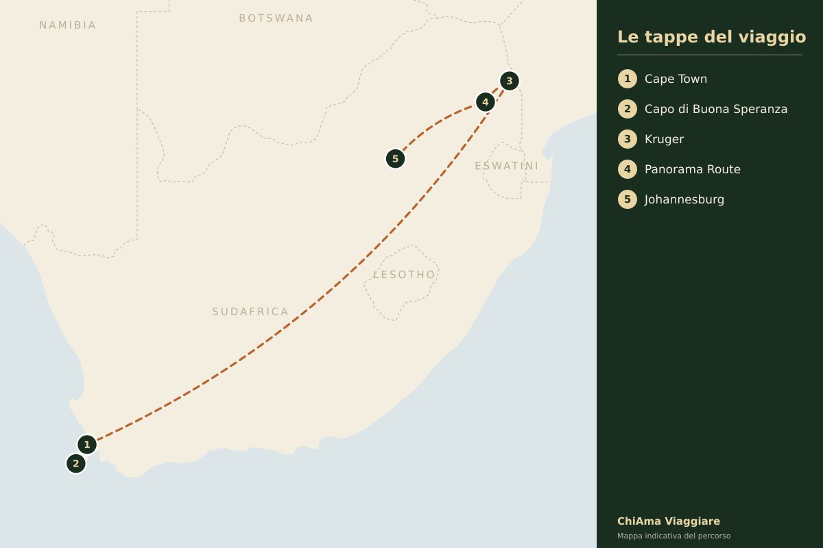 Mappa dell'itinerario Dieci giorni di lusso tra Cape Town e una concessione privata del Kruger