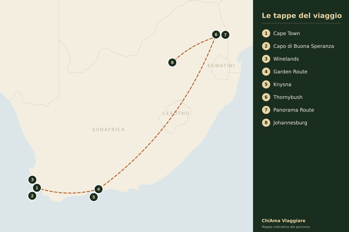 Mappa dell'itinerario Dodici giorni tra Cape Town, Knysna e la riserva di Thornybush