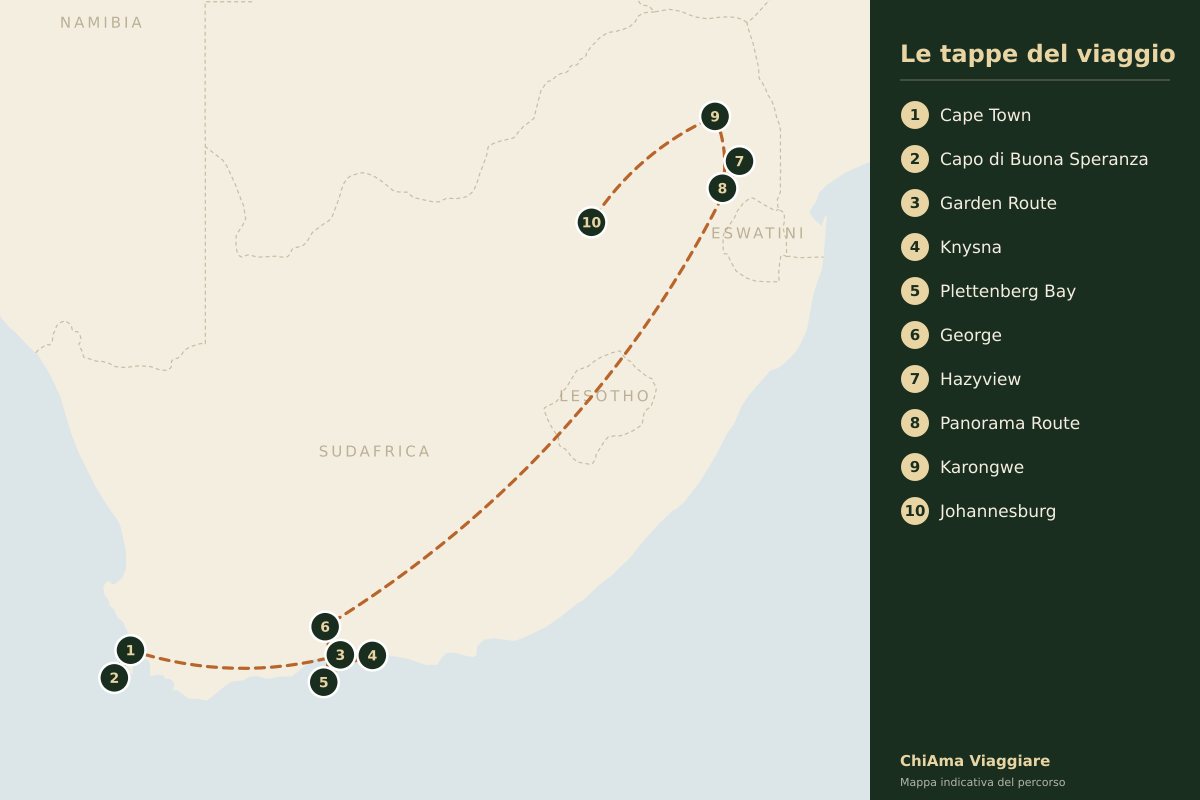 Mappa dell'itinerario Garden Route e Kruger con due giornate libere a Cape Town