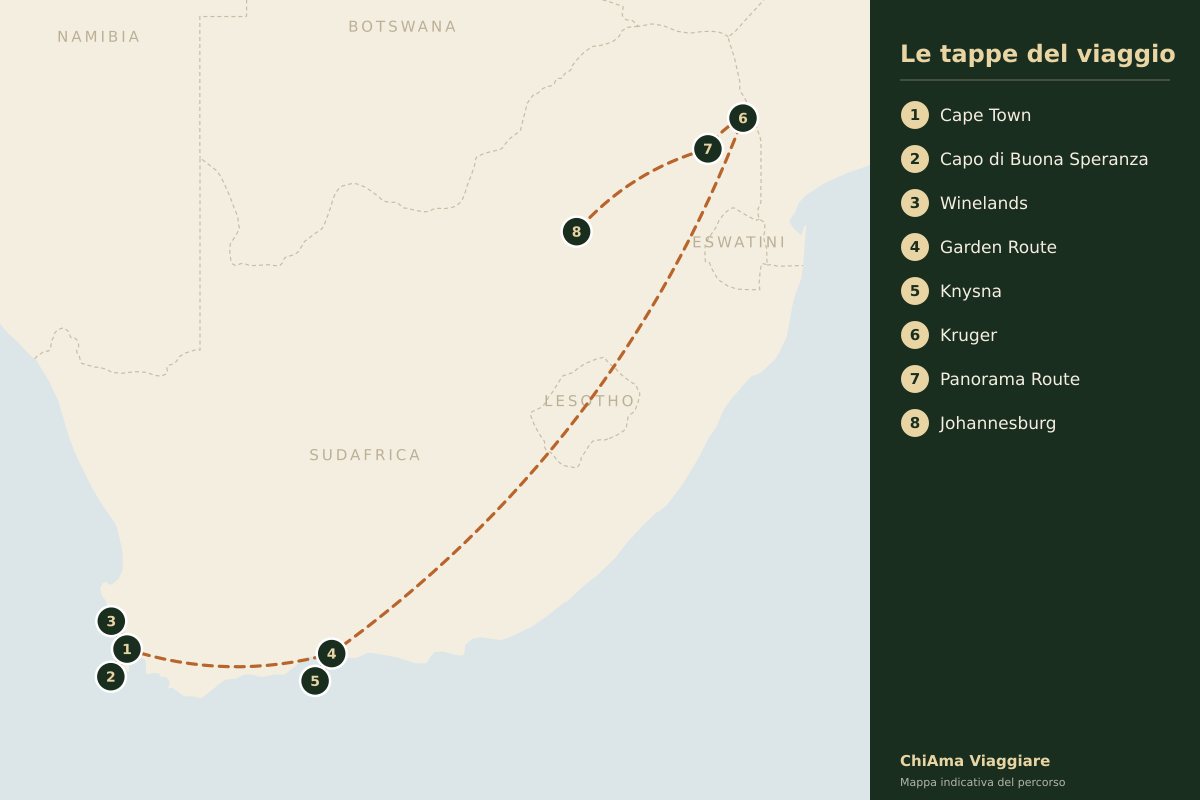 Mappa dell'itinerario Garden Route e Kruger in stile luxury