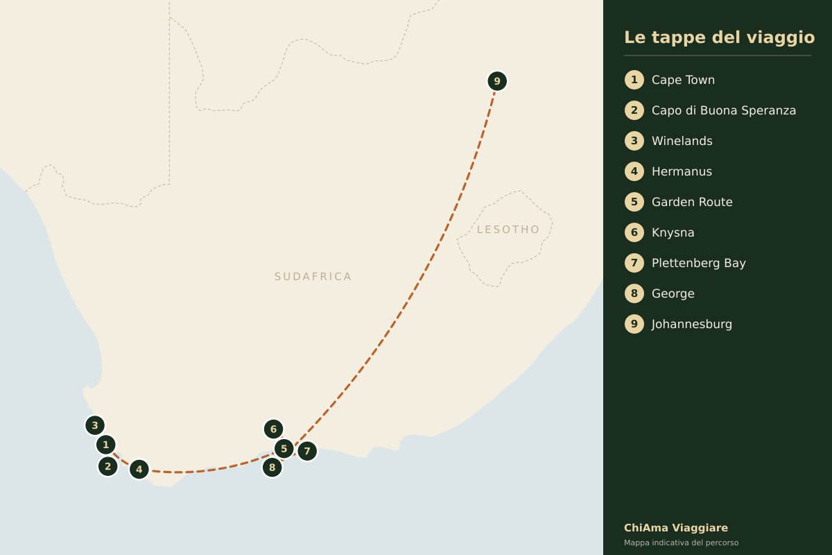 Mappa dell'itinerario Garden Route in dieci giorni tra balene, safari e laguna