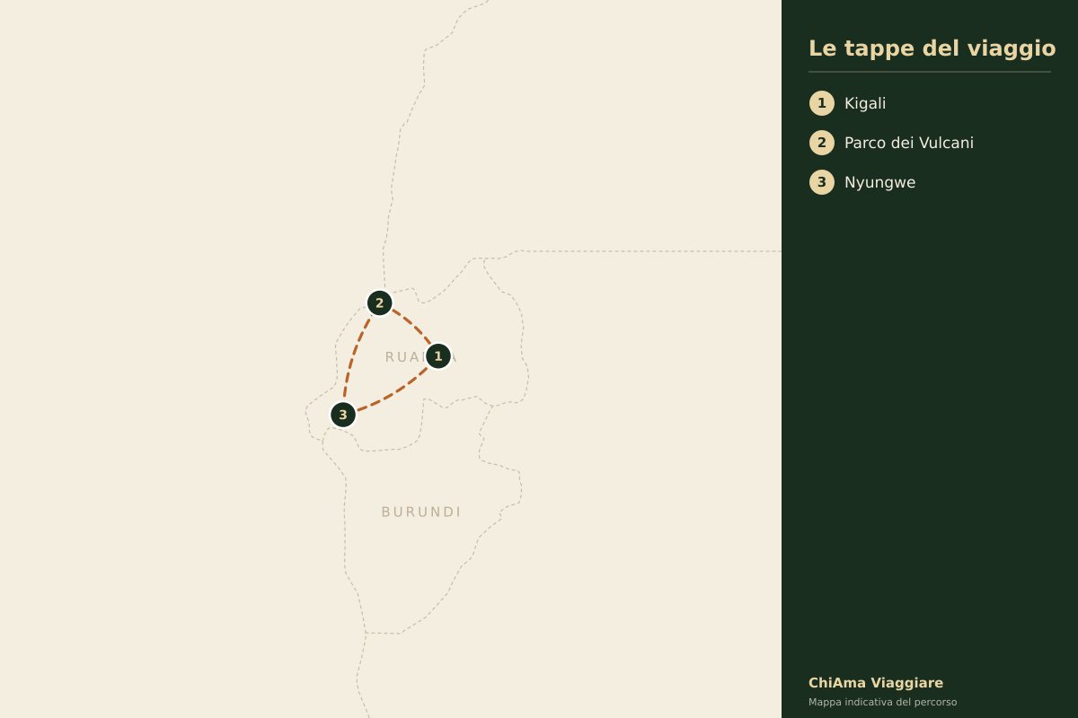 Mappa dell'itinerario Gorilla e scimpanzé del Ruanda in sei giorni, safari privato per due in lodge 5 stelle di altissimo livello