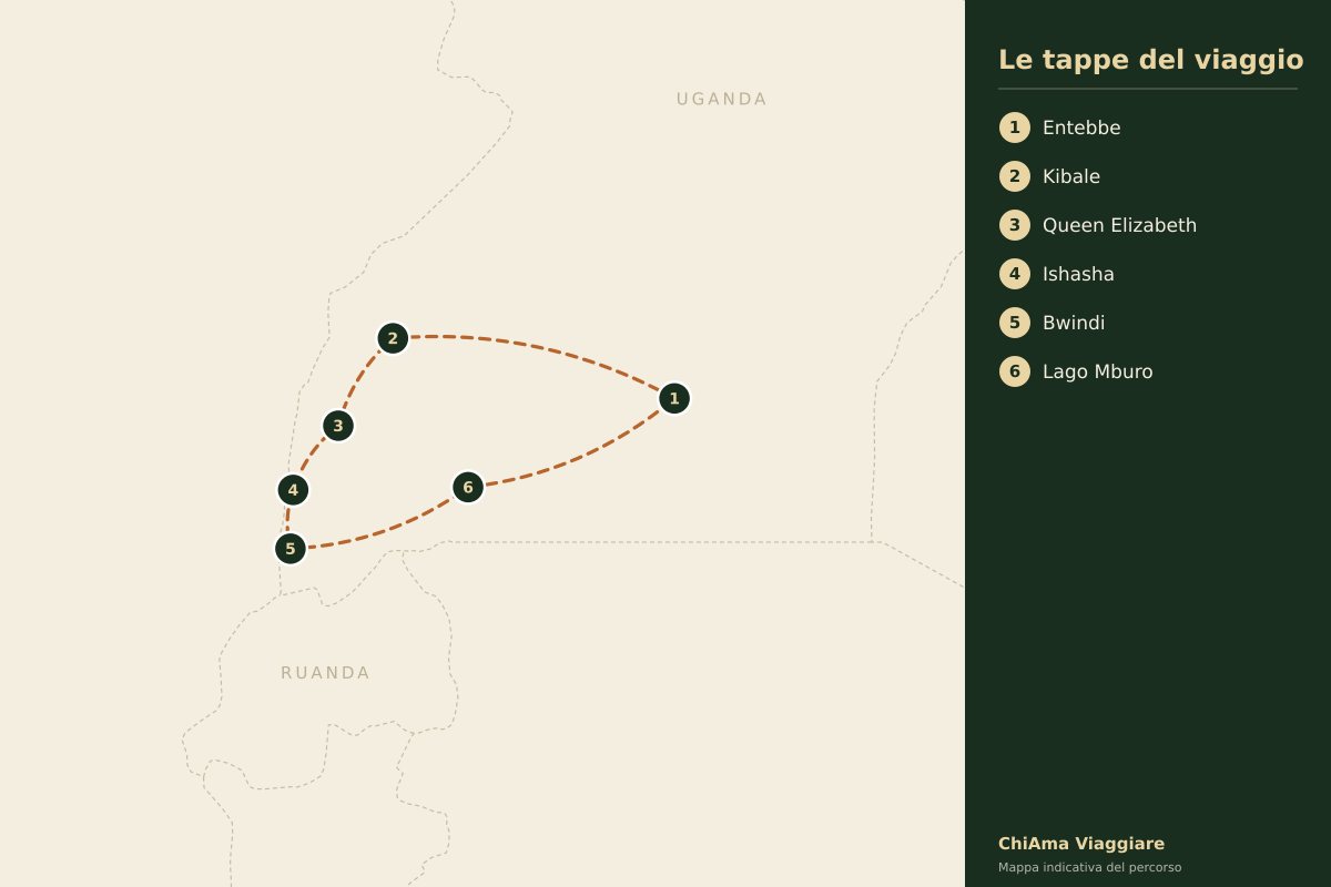 Mappa dell'itinerario Gorilla e scimpanzé in otto giorni, minigruppo fino a sette in lodge 5 stelle