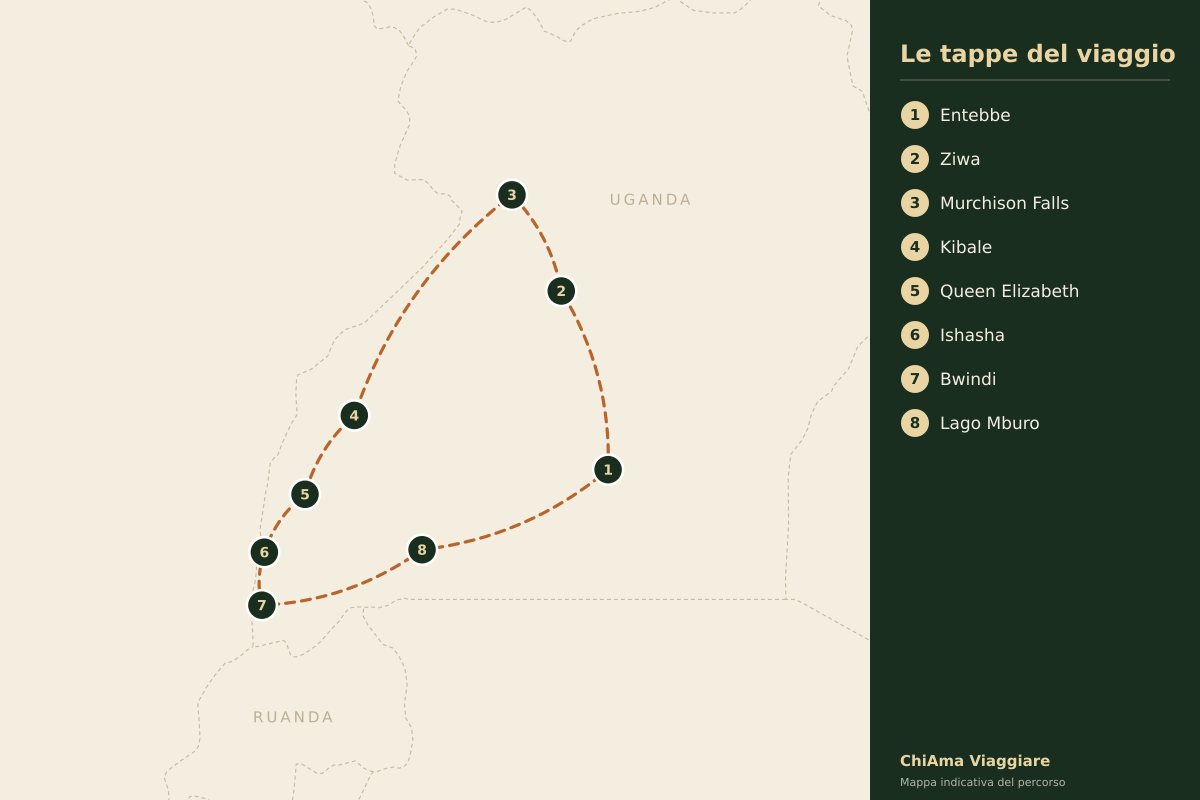 Mappa dell'itinerario Gorilla, scimpanzé e savane in dieci giorni, safari privato per due in lodge 4 stelle