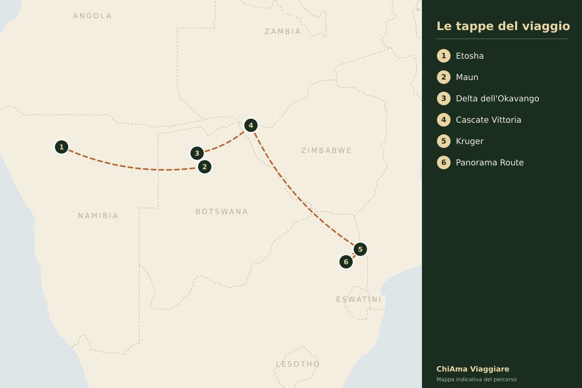 Mappa dell'itinerario Grande viaggio dell'Africa australe in lodge