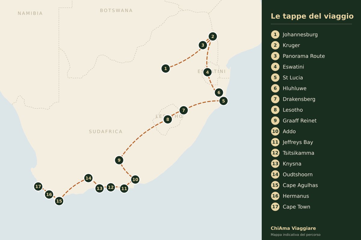Mappa dell'itinerario Il grande giro del Sudafrica con Eswatini e Lesotho in piccolo gruppo
