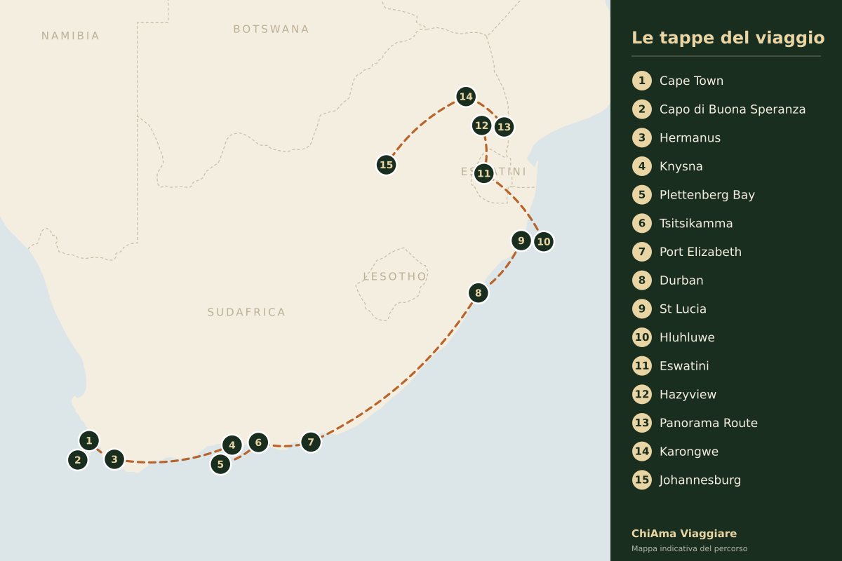 Mappa dell'itinerario Il grande viaggio dal Capo allo Swaziland