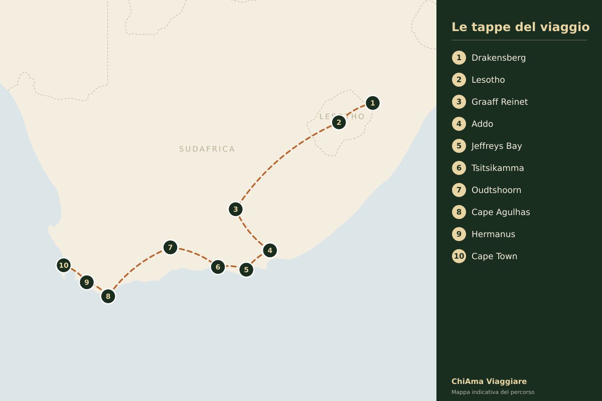 Mappa dell'itinerario Lesotho e Garden Route fino a Cape Town in piccolo gruppo