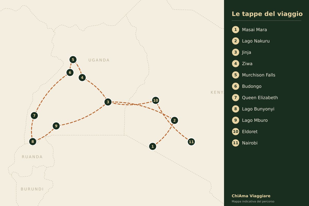 Mappa dell'itinerario Masai Mara e gorilla dell'Uganda in campeggio