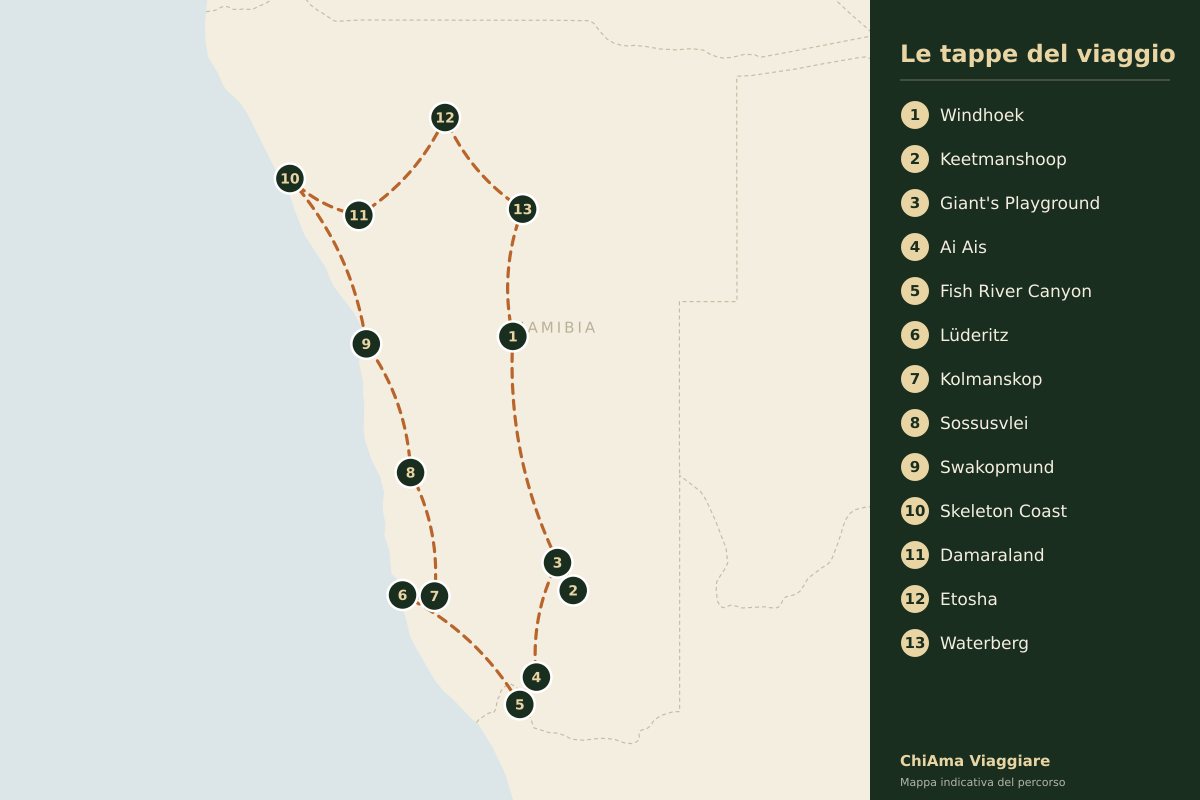 Mappa dell'itinerario Namibia da Windhoek a Windhoek in lodge