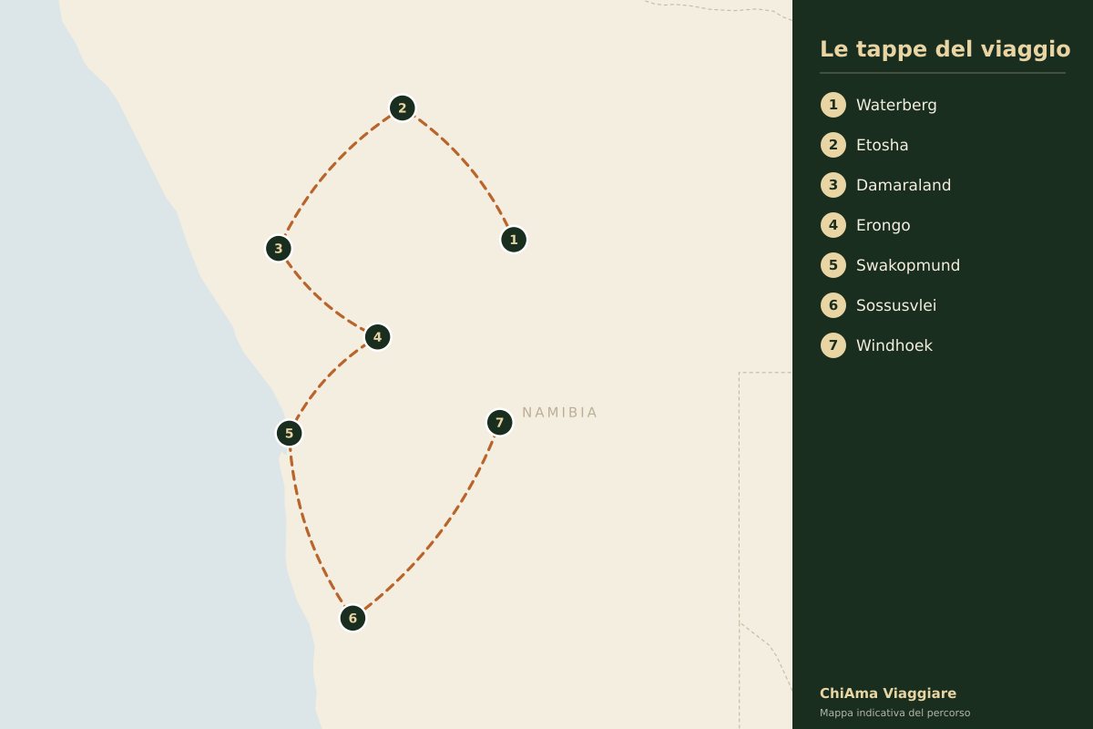 Mappa dell'itinerario Namibia in quattordici giorni privato