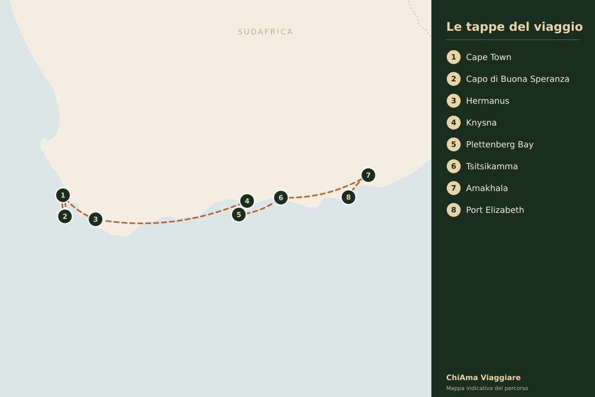 Mappa dell'itinerario Oceano e savana tra Garden Route ed Eastern Cape