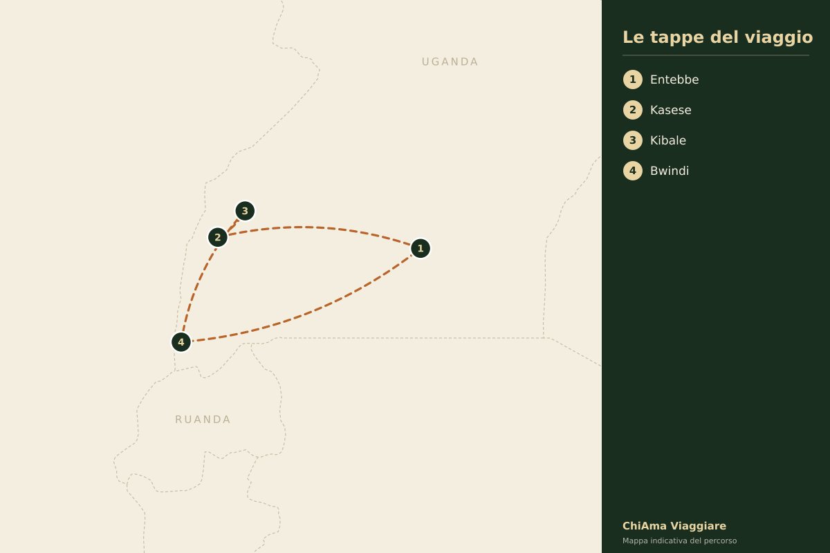 Mappa dell'itinerario Primati dell'Uganda in sei giorni con voli interni, safari privato per due in lodge 5 stelle