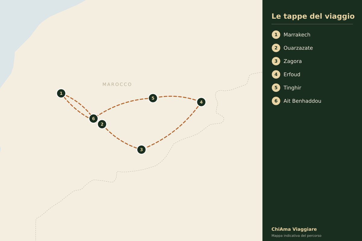 Mappa dell'itinerario Sud e kasbah con hotel 4 stelle