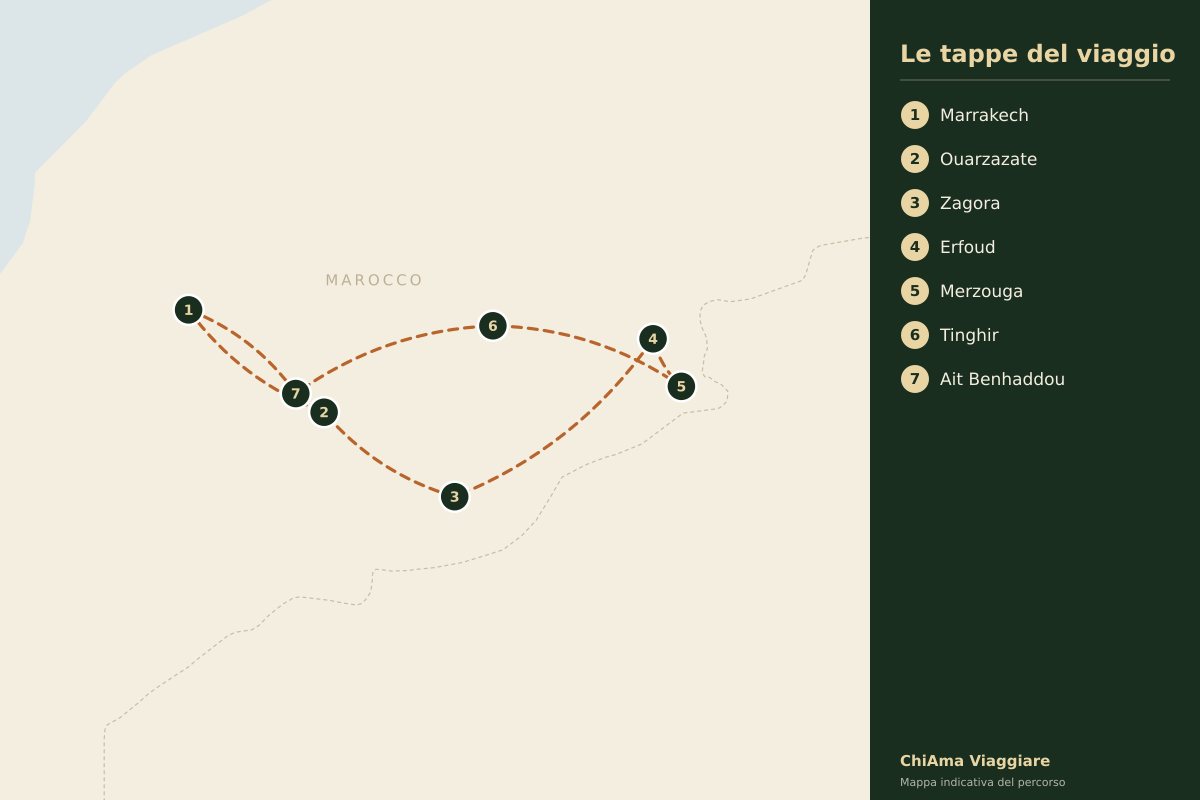 Mappa dell'itinerario Sud e kasbah con Khamlia con hotel 5 stelle
