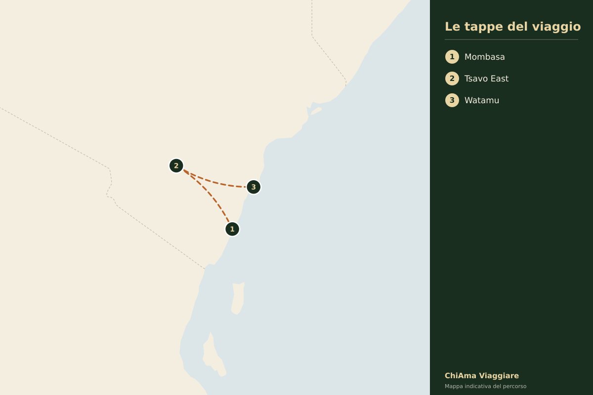 Mappa dell'itinerario Tsavo East in due giorni con lodge sulla diga di Aruba