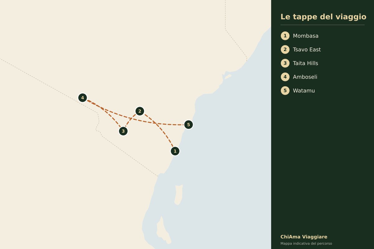 Mappa dell'itinerario Tsavo East, Taita Hills e Amboseli con arrivo a Watamu
