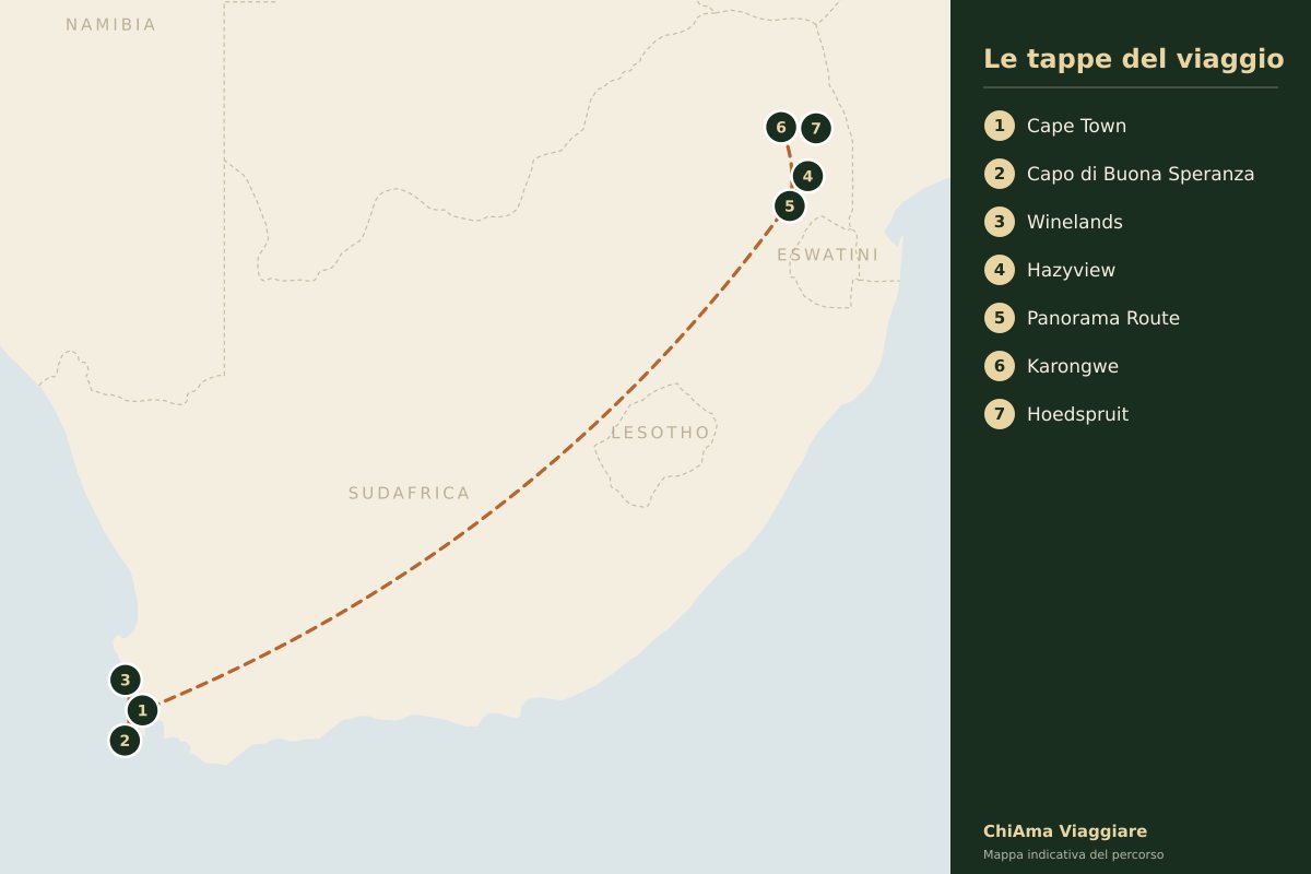 Mappa dell'itinerario Winelands, Panorama Route e tre notti nel bush