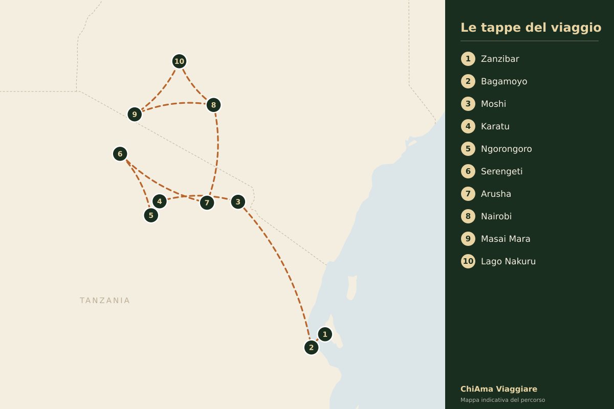 Mappa dell'itinerario Zanzibar, Tanzania e Kenya in quattordici giorni in lodge